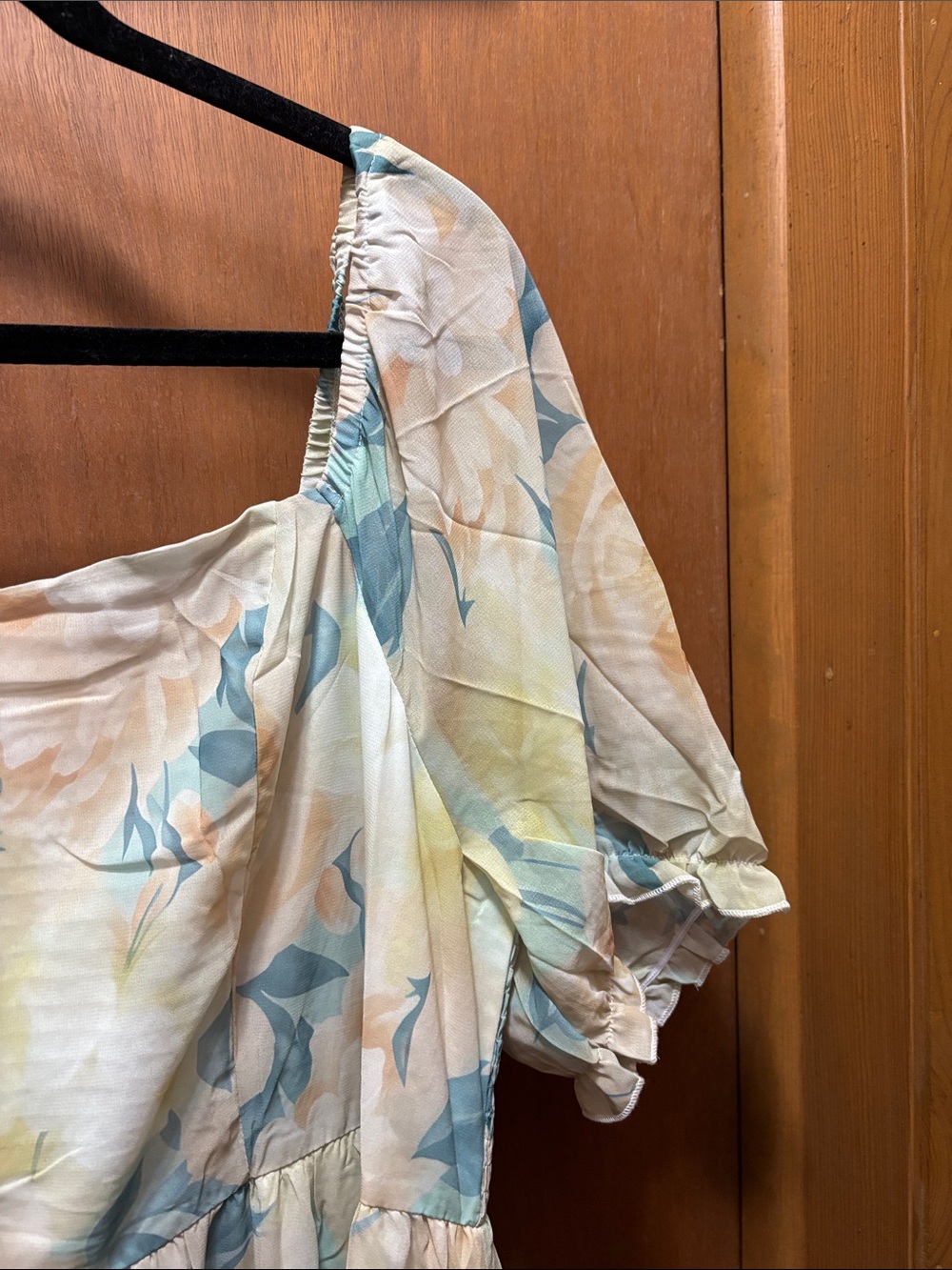 Smocked Puff-Sleeve Floral Maxi Dress in Pastel Yellow and Blue - Picture 3 of 3